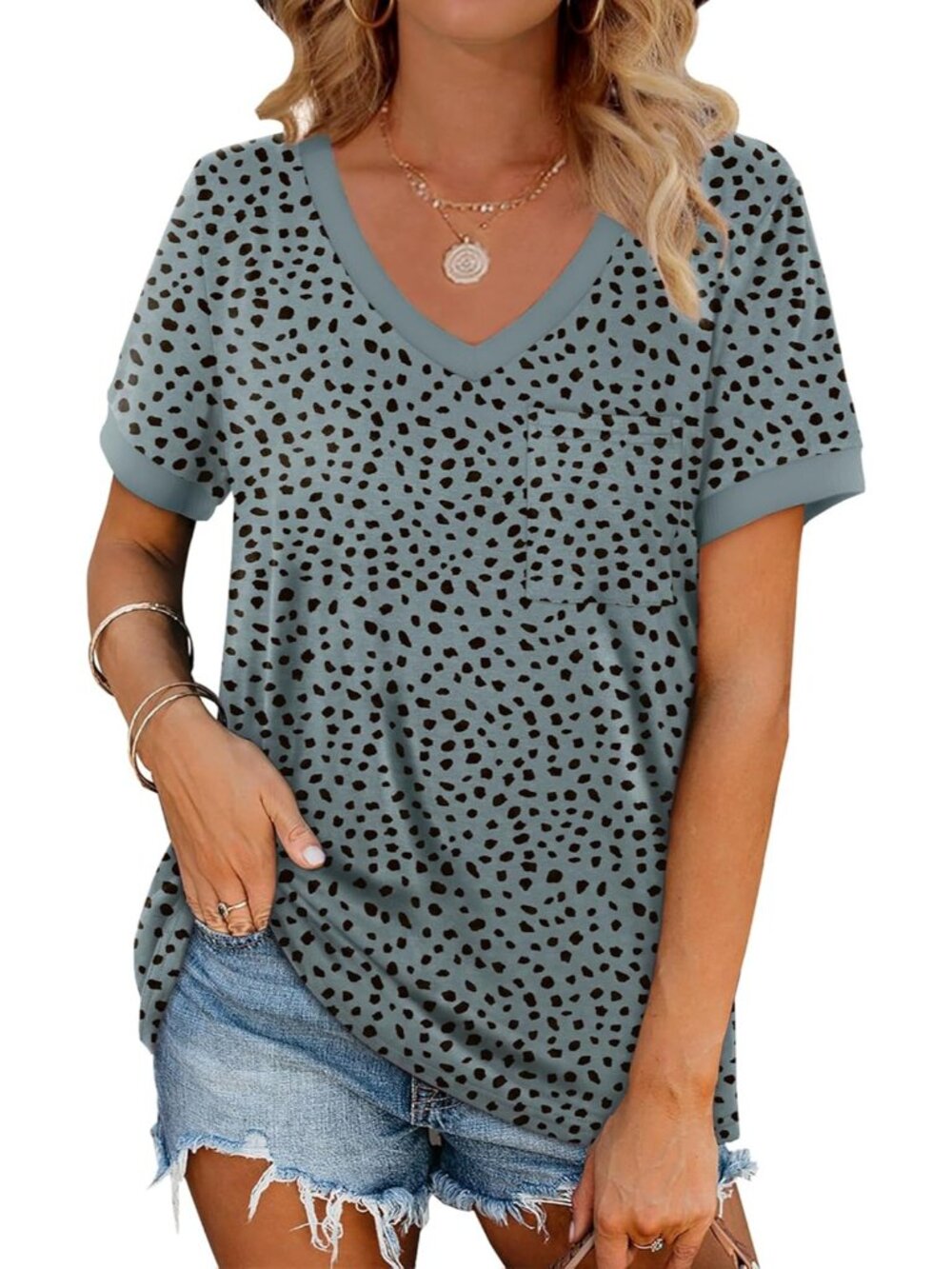 Women's Print Leopard Blue T Shirts Short Sleeve V Neck Loose Casual Summer Tops